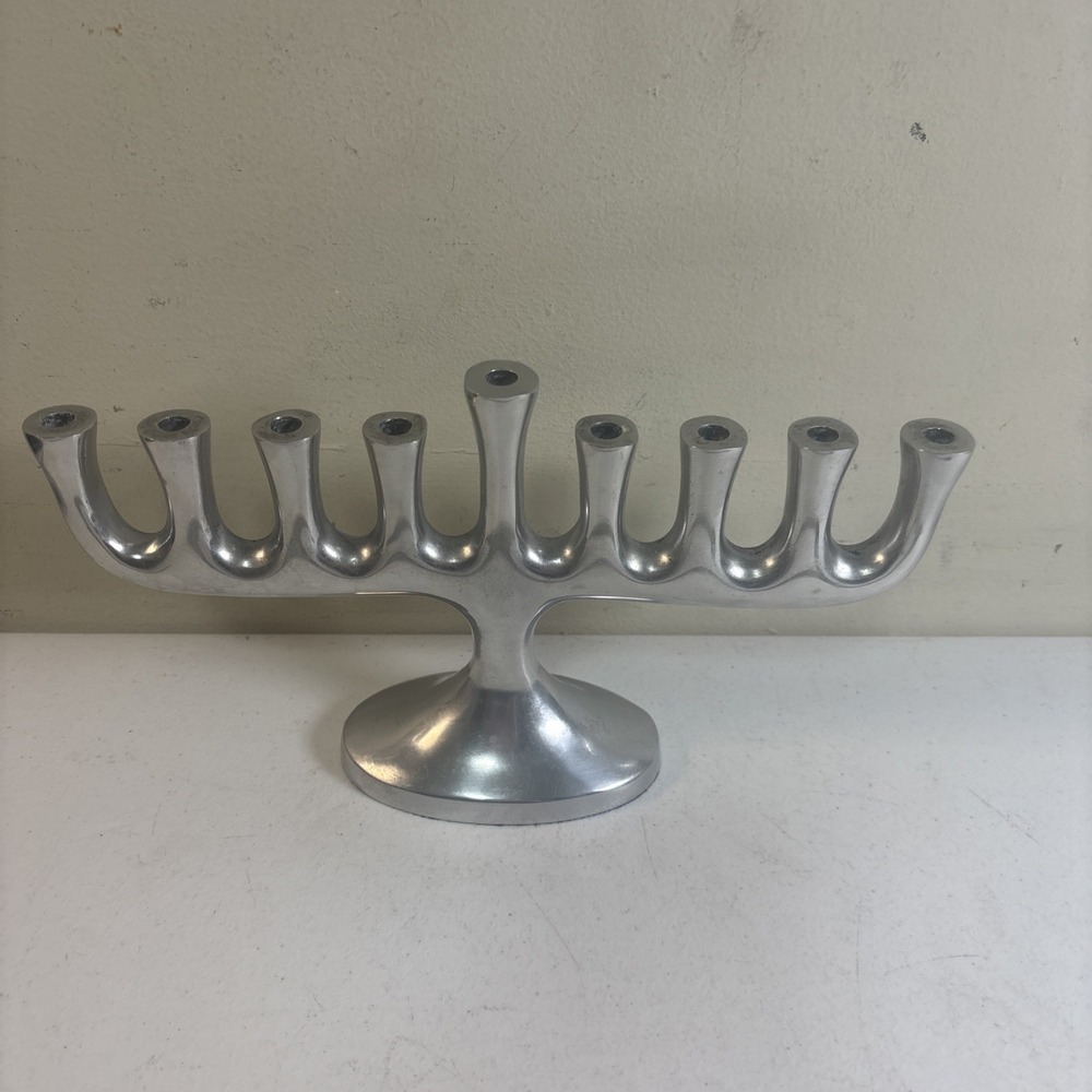 Menora Crate and Barrel Polished Aluminum 11"x 6" Hanukkah Jewish Hebrew Holiday